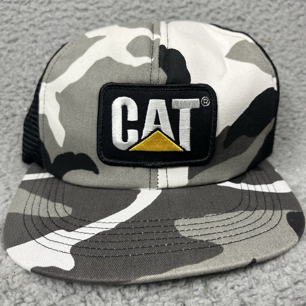 Vintage CAT Snapback Hat - Gray Camo Caterpillar Trucker Cap - Made in USA